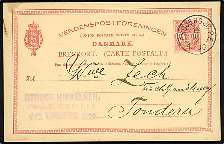 10 øre Våben helsagsbrevkort annulleret med lapidar Esbjerg JB.P.E. d. 19.9.1894 til Tondern (Tønder) i Nordslesvig.
