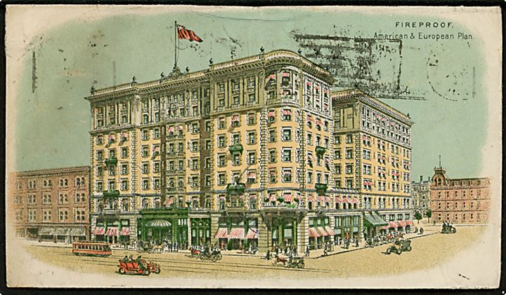 1 cent George V på illustreret hotelkuvert fra King Edward Hotel annulleret med TMS Toronto ONT. / Help the Muskoka free hospital for consumptives d. 8.12.1915 til København, Danmark.
