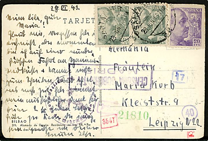 20 cts. og 40 cts. (2) Franco på brevkort fra Santa.... d. 28.6.1943 til Leipzig, Tyskland. Både spansk censur fra Madrid og tysk censur.