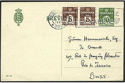 10 øre helsagsbrevkort (fabr. 84-H) opfrankeret med 5 øre Bølgelinie i parstykke fra København d. 11.8.1927 til Rio de Janeiro, Brasilien.
