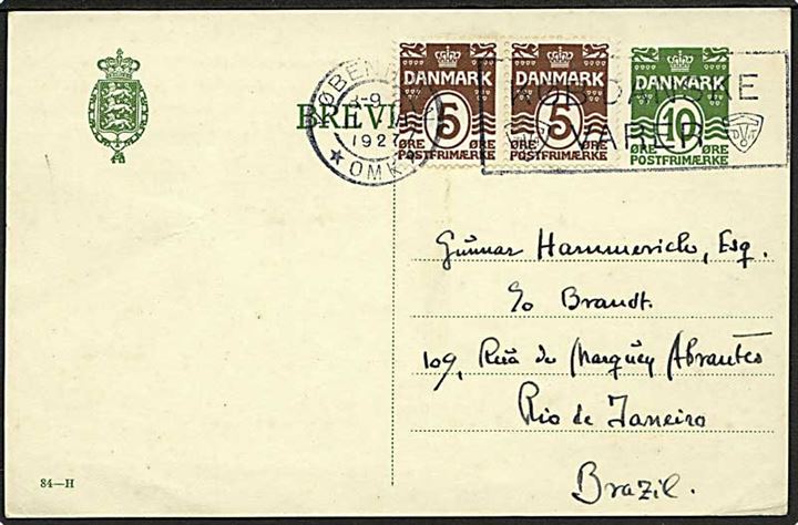 10 øre helsagsbrevkort (fabr. 84-H) opfrankeret med 5 øre Bølgelinie i parstykke fra København d. 11.8.1927 til Rio de Janeiro, Brasilien.