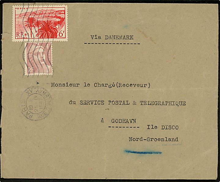 4 fr. Marianne og 6 fr. Canne på brev fra Paris d. 25.4.1947 til Godhavn på Diskoøen, Grønland. Påskrevet via Danemark. 