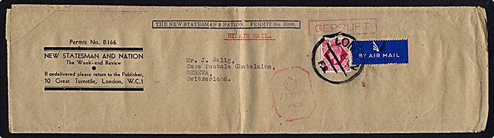 8d George VI single på luftpost korsbånd for avisen New Stateman and Nation annulleret med London P F.S. ca. 1943-44 til Genéve, Schweiz. Passér stemplet Passed PER.36 ved den britiske censur og sjældent rødt GEPRÜFT rammestempel ved den tyske censur i Paris (Landsmann type XP4.3). Fold.