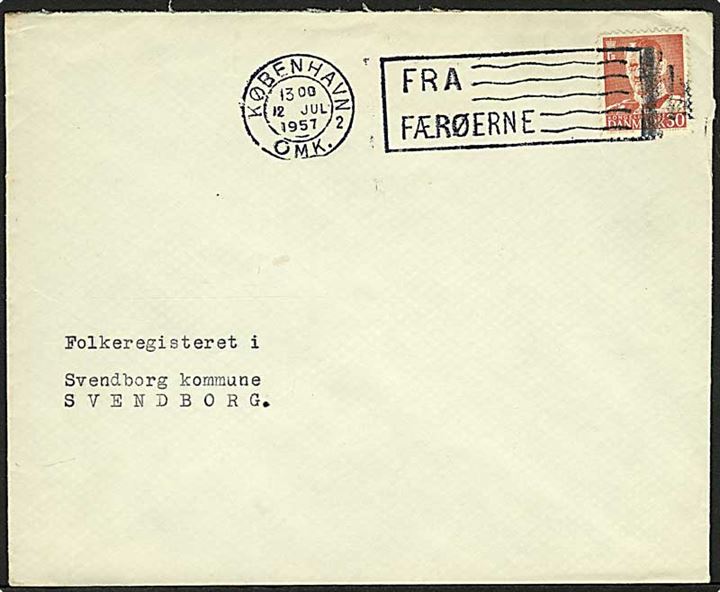 30 øre Fr. IX på skibsbrev fra Thorshavn annulleret med TMS Fra Færøerne/København Omk. 2 d. 12.7.1957 til Svendborg.