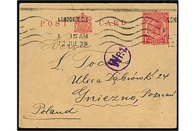 1d George V helsagsbrevkort fra London d. 12.7.1920 til Gniezno, Poznan, Polen. Passér stemplet ved den polske censur med violet stempel Wr.1.