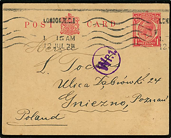 1d George V helsagsbrevkort fra London d. 12.7.1920 til Gniezno, Poznan, Polen. Passér stemplet ved den polske censur med violet stempel Wr.1.