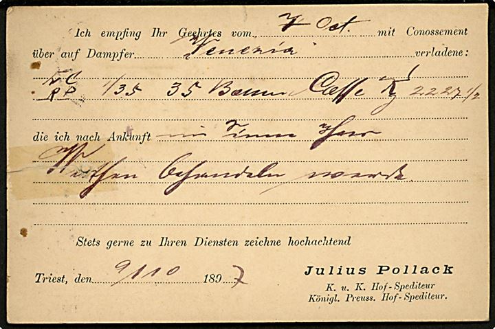 2 kr. helsagsbrevkort (Ital.) opfrankeret med 3 kr. Franz Joseph med perfin J.P. fra firma Julius Pollack annulleret BHE Trieste d. 9.10.1897 til Rotterdam. Fold og rift.