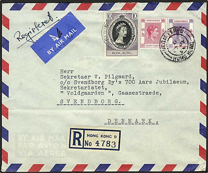 80 c. og $1 George VI og 10 c. Elizabeth på anbefalet luftpost brev fra Hong Kong d. 27.7.1953 til Svendborg, Danmark.