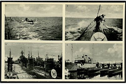 Ubåde til søs og i havn med bl.a. værkstedsskibet Henrik Gerner. V. Thaning & Appel Marinepostkort Serie U no. 175.
