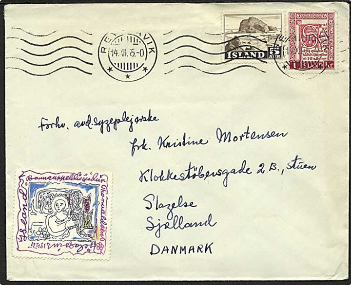 5 aur Vestmanna og 1 kr. Håndskrifter, samt 1955 Thorvaldsen foreningen julemærke på brev fra Reykjavik d. 14.12.1955 til Slagelse, Danmark.