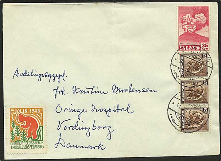 5 aur Torsk (2) og 35 aur Hekla, samt 1948 Thorvaldsen forening Julemærke på brev fra Reykjavik d. 11.12.1948 til Vordingborg, Danmark.