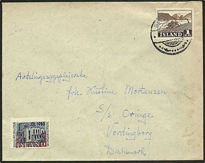 1 kr. Landbrug og 1950 Thorvaldsen Forening julemærke på brev fra Reykjavik 1950 til Vordingborg, Danmark.