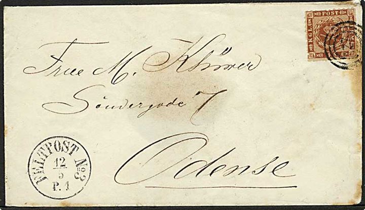 4 sk. stukken kant på brev annulleret med nr.stempel 224 og sidestemplet antiqua Feltpost No. 3. d. 12.5.1864 til Odense. Lidt rust og laksegl bortklippet.