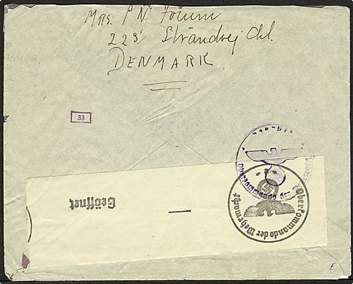 10 øre Bølgelinie og 2 kr. Chr. X på luftpostbrev fra København d. 1.2.1941 til Ithaca, USA. Åbnet af tysk censur.
