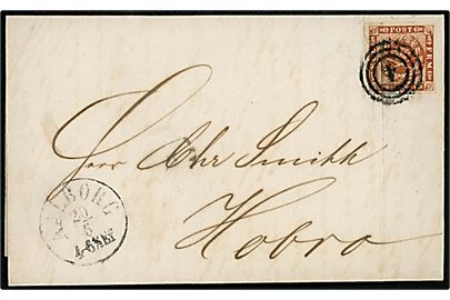 4 sk. 1858 på brev annulleret med nr.stempel 4 og sidestemplet antiqua Aalborg d. 20.6.1861 til Hobro. Fold gennem mærke.