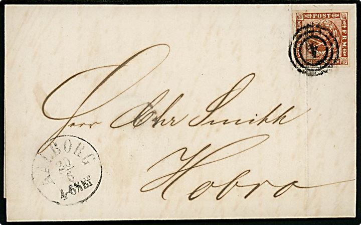 4 sk. 1858 på brev annulleret med nr.stempel 4 og sidestemplet antiqua Aalborg d. 20.6.1861 til Hobro. Fold gennem mærke.