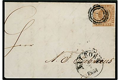 4 R.B.S. Thiele III med fuld rand på stort brevstykke af brev fra Aalborg d. 3.7.1854.