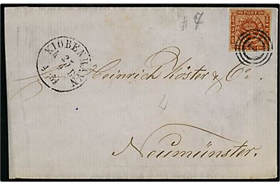 4 sk. 1858 udg. på brev annulleret med nr.stempel 1 og sidestemplet antiqua Kjøbenhavn KB d. 25.9.1861 til Neumünster.
