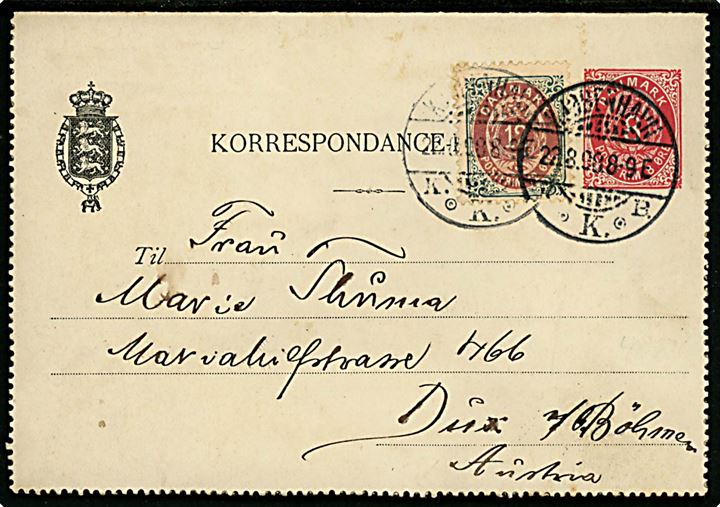8 øre helsags korrespondancekort opfrankeret med 12 øre Tofarvet omv. rm. fra Kjøbenhavn d. 22.8.1898 til Dux, Böhmen, Østrig.