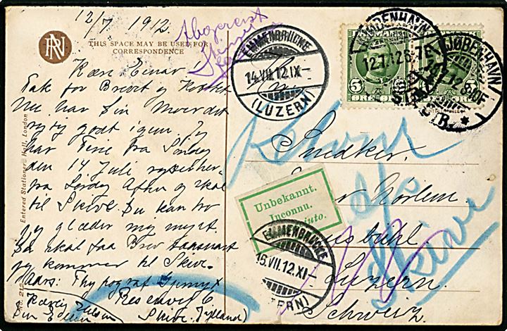 5 øre Fr. VIII i parstykke på brevkort fra Kjøbenhavn d. 12.7.1912 til Emmenbrücke (Luzern), Schweiz. Returneret med 3-sproget etiket Unbekannt.