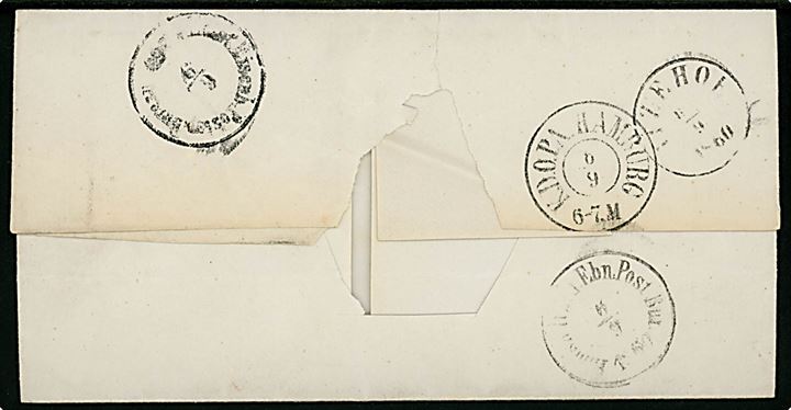 1860. Ufrankeret tjenestebrev mærket K.d.S. med antiqua Oldesloe d. 6.9.1860 til Itzehoe. På bagsiden flere transit stempler. Påskrevet 6 sk. porto.