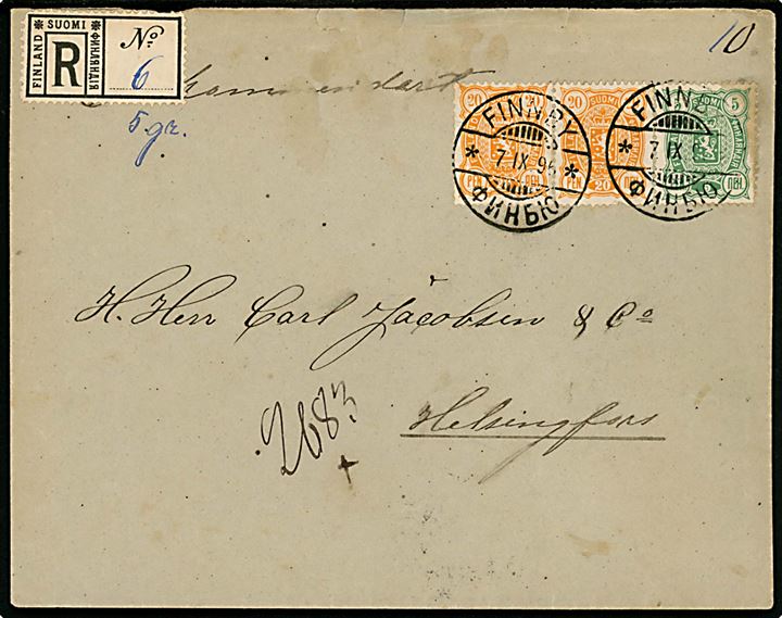 5 pen. og 20 pen. (2) Våben på anbefalet brev fra Finnby d. 7.9.1896 via Salo til Helsingfors. Skjold.