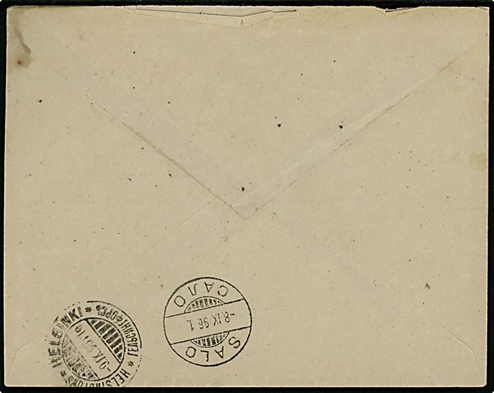 5 pen. og 20 pen. (2) Våben på anbefalet brev fra Finnby d. 7.9.1896 via Salo til Helsingfors. Skjold.