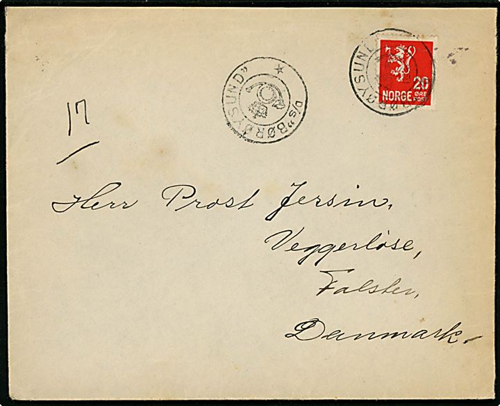 20 øre Løve på brev (ca. nov. 1937) annulleret med Kronet Posthorn-stempel D/S BØRØYSUND til Veggerløse på Falster, Danmark. 