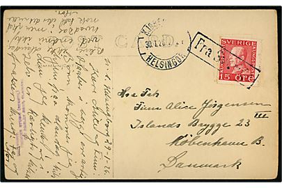 15 öre Gustaf på brevkort annulleret med rammestempel Fra Sverige og sidestemplet bureau Kjøbenhavn - Helsingør d. 30.1.1926 til København.