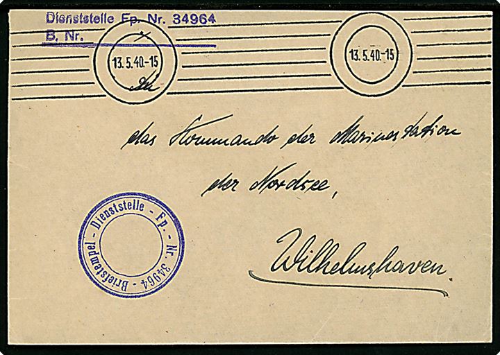 Ufrankeret tysk feltpost med stumt stempel d. 13.5.1940 til Wilhelmshafen. To forskellige Briefstempler fra Feldpostnummer 34964 (= Admiral der norwegischen Westküste i Bergen).