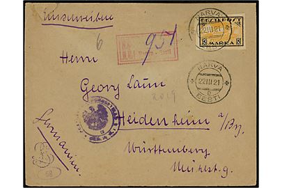 5 mk. Vikingeskib utakket single på anbefalet brev fra Narva d. 22.3.1921 til Heidenheim, Tyskland. 
