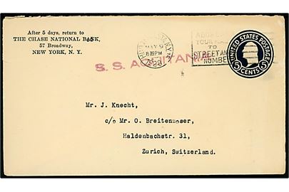 5 cents helsagskuvert fra New York d. 9.5.1928 til Zürich, Schweiz. Dirigeringsstempel: S.S. Aquitania.