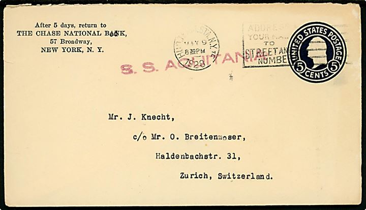 5 cents helsagskuvert fra New York d. 9.5.1928 til Zürich, Schweiz. Dirigeringsstempel: S.S. Aquitania.