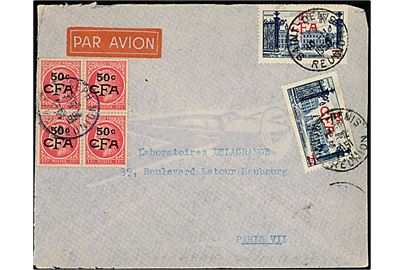Reunion. 50 c. CFA/1 fr. i fireblok og 8 fr CFA / 25 fr (2) Provisorium på luftpostbrev annulleret i både Saint Joseph Reunion og Saint Denis Reunion på forskellige dage 1951 til Paris, Frankrig. Mystisk.