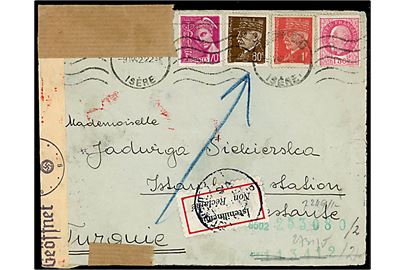 4 fr. blandingsfrankeret brev fra Grenoble d. 9.4.1942 til Istanbul, Tyrkiet. Retur som ikke afhentet og dobbeltcensureret ved den tyske censur i Wien.