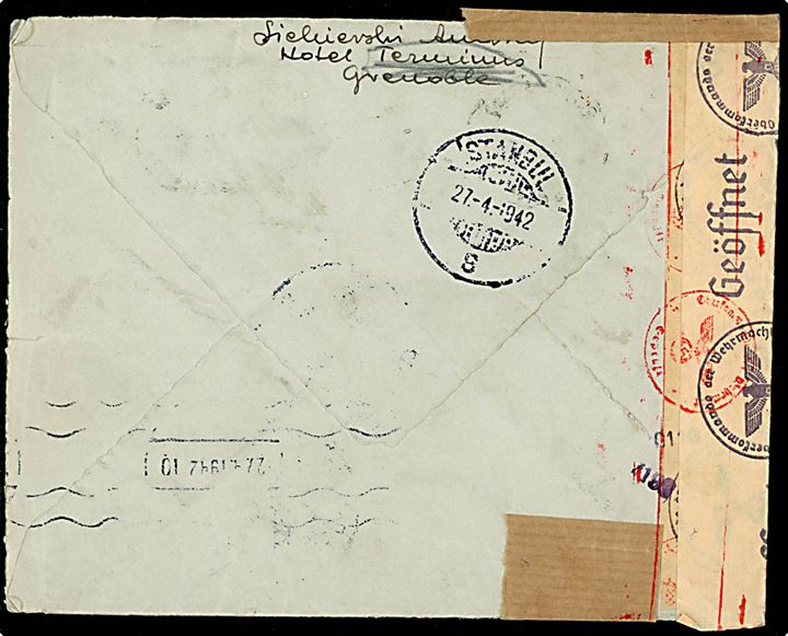 4 fr. blandingsfrankeret brev fra Grenoble d. 9.4.1942 til Istanbul, Tyrkiet. Retur som ikke afhentet og dobbeltcensureret ved den tyske censur i Wien.