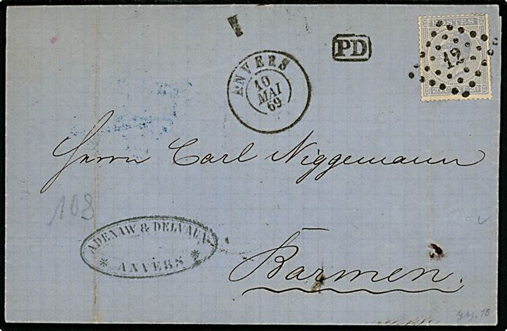 20 c. Leopold I single på brev annulleret med nr.stempel 12 og sidestemplet Anvers d. 10.5.1869 til Barmen, Tyskland. På bagsiden bureaustempel Verviers - Coeln.