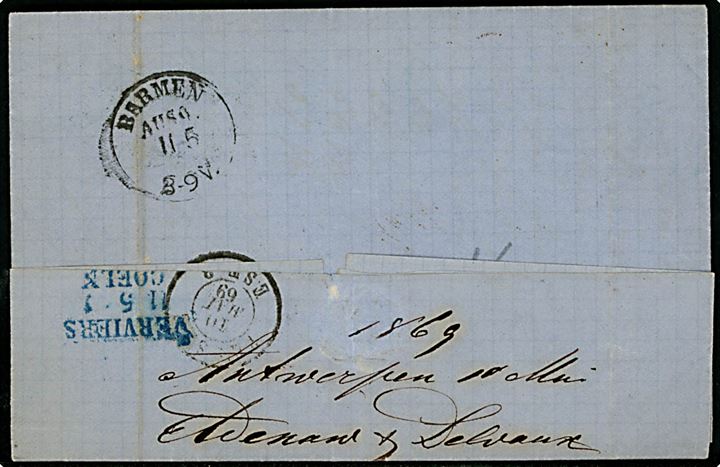 20 c. Leopold I single på brev annulleret med nr.stempel 12 og sidestemplet Anvers d. 10.5.1869 til Barmen, Tyskland. På bagsiden bureaustempel Verviers - Coeln.