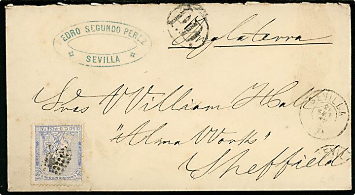 50 c. Hispania single på brev annulleret med stumt stempel og sidestemplet Sevilla d. x.9.1878 via Madrid til Sheffield, England. 