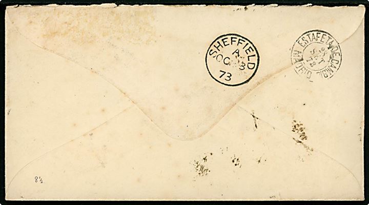 50 c. Hispania single på brev annulleret med stumt stempel og sidestemplet Sevilla d. x.9.1878 via Madrid til Sheffield, England. 