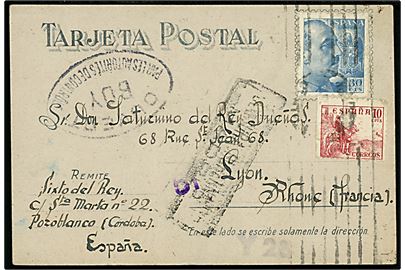 30 cts. Franco og 10 cts. Rytter på brevkort fra Pozoblanco Cordoba d. 27.6.1945 til Lyon, Frankrig. Både spansk og fransk censur.