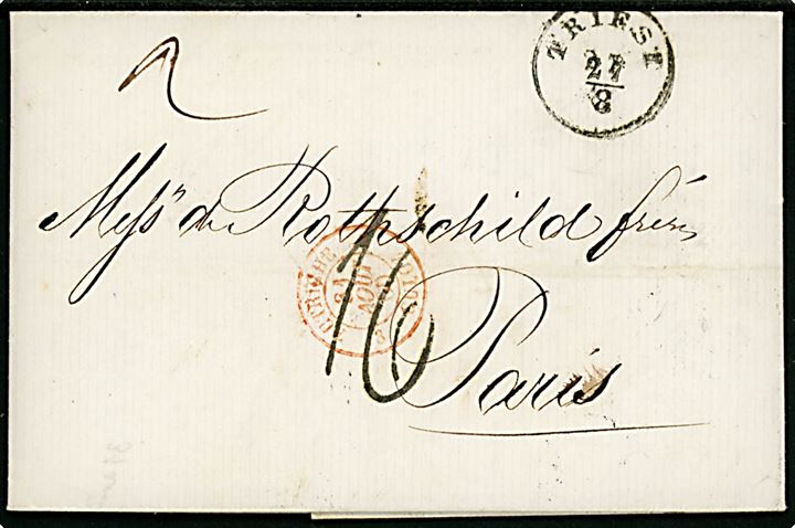 1860. Portobrev med fuldt indhold fra Triest d. 27.8.1860 til Paris, Frankrig. Rødt fransk grænsestempel Autriche Cloz d. 31.8.1860.