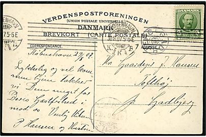 5 øre Fr. VIII på brevkort (Paradisøerne ved Silkeborg) fra Kjøbenhavn d. 30.8.1907 til Tofthøj pr. Hadbjerg - fejlsendt med stjernestempel GADBJERG og bureau Veile - Give T.2 d. 31.8.1907.