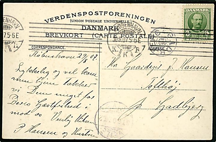 5 øre Fr. VIII på brevkort (Paradisøerne ved Silkeborg) fra Kjøbenhavn d. 30.8.1907 til Tofthøj pr. Hadbjerg - fejlsendt med stjernestempel GADBJERG og bureau Veile - Give T.2 d. 31.8.1907.