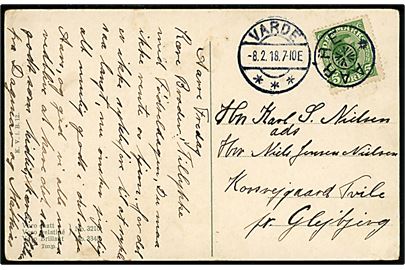5 øre Chr. X på brevkort annulleret med stjernestempel AARRE og sidestemplet Varde d. 8.2.1918 til Glejbjerg.