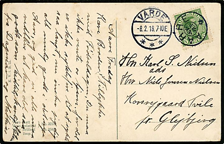 5 øre Chr. X på brevkort annulleret med stjernestempel AARRE og sidestemplet Varde d. 8.2.1918 til Glejbjerg.
