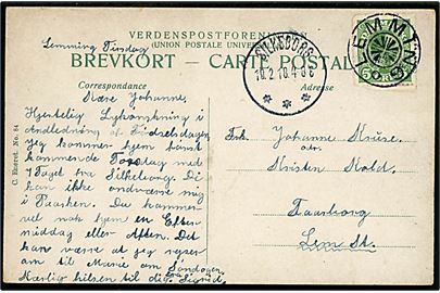 5 øre Chr. X på brevkort annulleret med stjernestempel LEMMING og sidestemplet Silkeborg d. 19.2.1918 til Lem St.