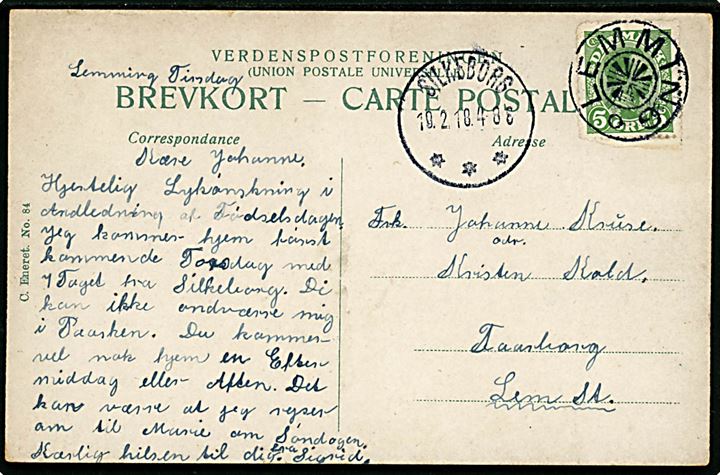 5 øre Chr. X på brevkort annulleret med stjernestempel LEMMING og sidestemplet Silkeborg d. 19.2.1918 til Lem St.