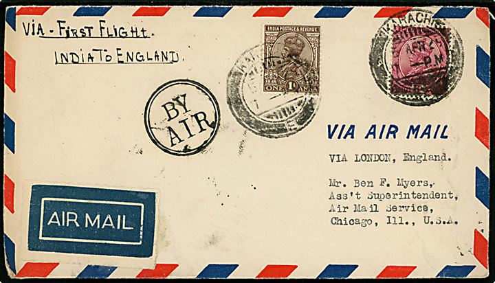 1 a. og 8 as. George V på luftpostbrev fra Karachi d. 5.4.1929 via London til Chicago, USA. 
