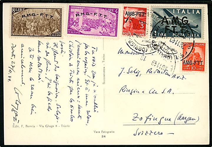 Triest Zone A. Blandingsfrankeret brevkort fra Triest d. 28.11.1949 til Zofingen, Schweiz. 